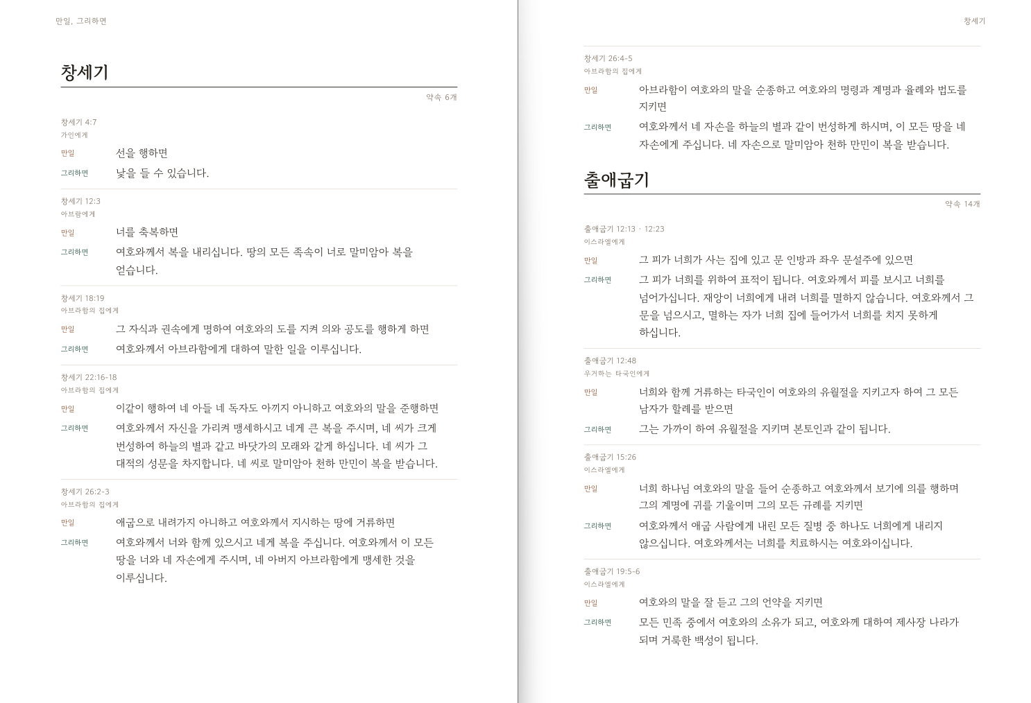 창세기와 출애굽기: 조건부 약속 스무 개, 만일과 그리하면으로 정리된 첫 펼침면